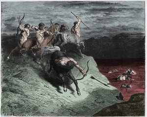 Inferno, Canto 12: Los centauros atacan a las almas en sangre hirviente, ilustración de La Divina Comedia de Dante Alighieri, 1885